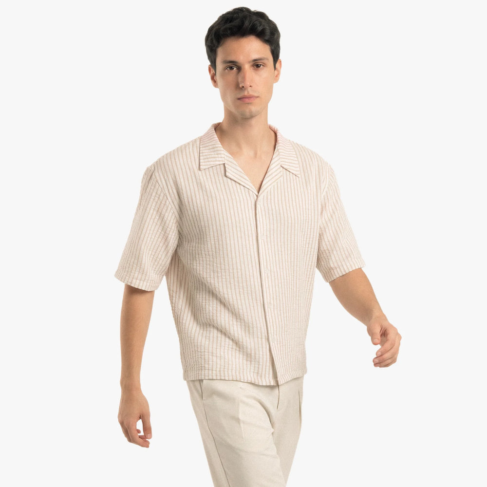 Beige-Striped Boxy-Fit Shirt
