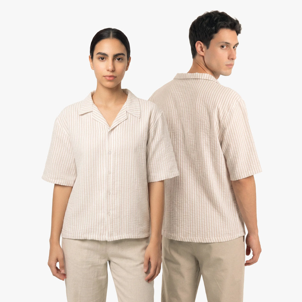 Beige-Striped Boxy-Fit Shirt