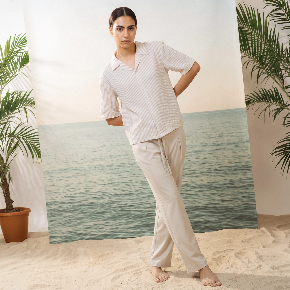 Beige-Striped Boxy-Fit Shirt