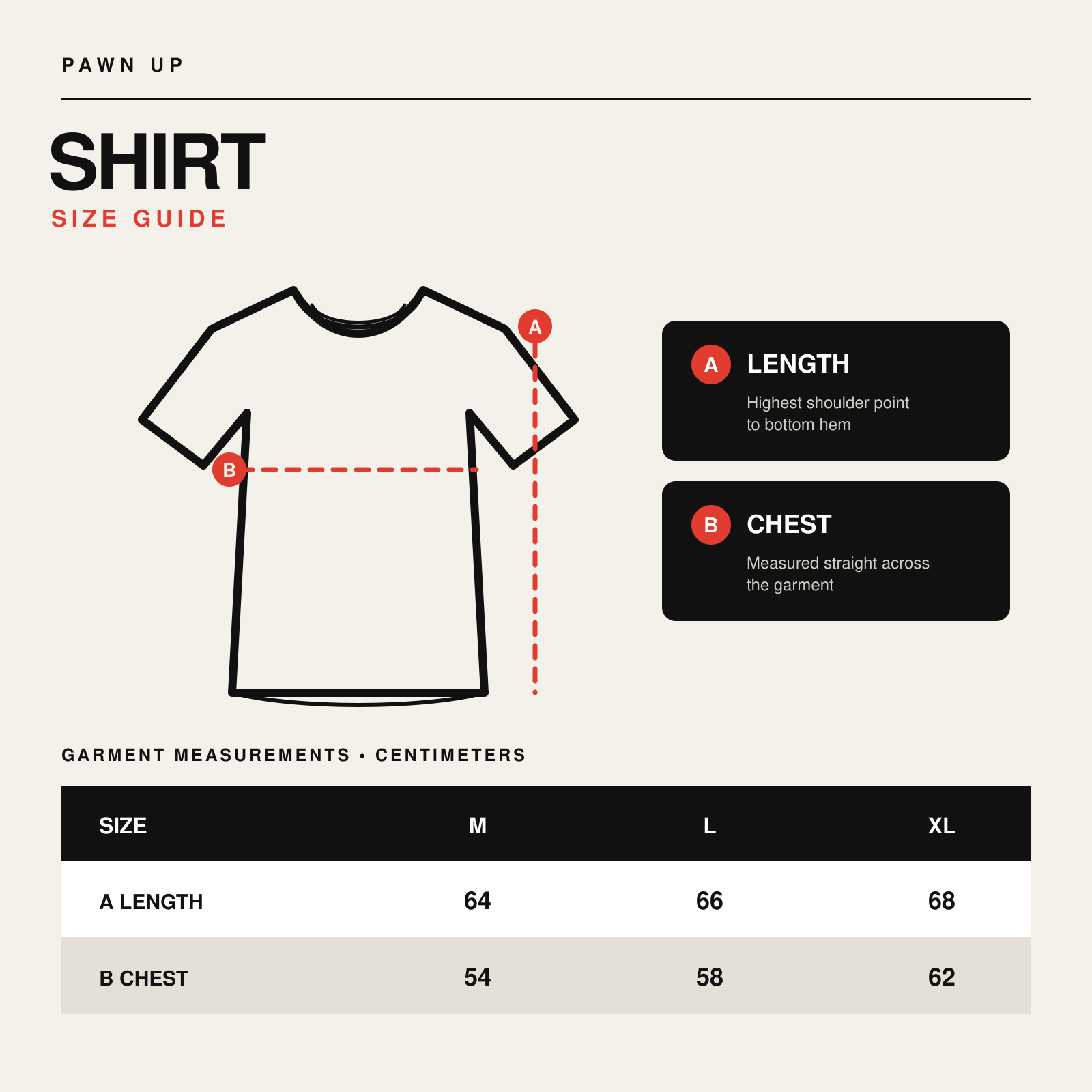 Pawn Up shirt size guide in centimeters
