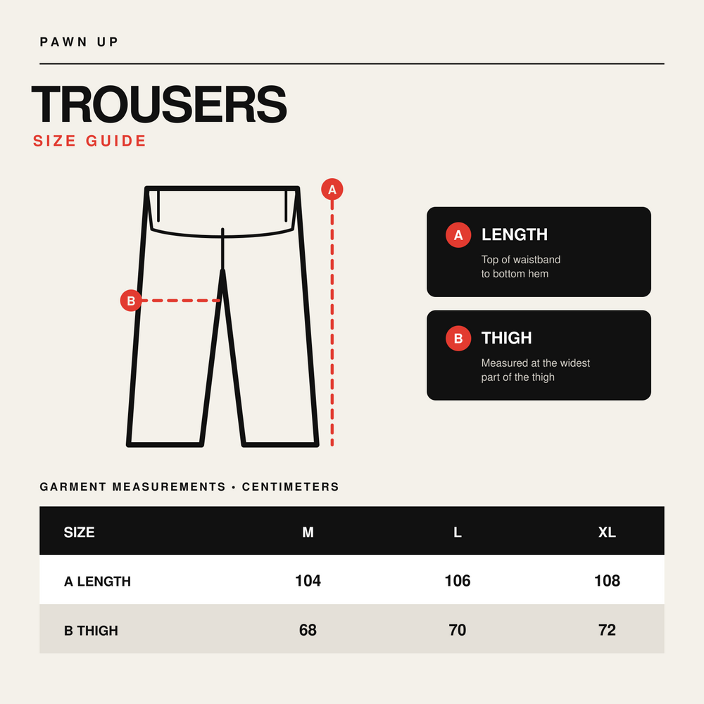 Pawn Up trousers size guide in centimeters