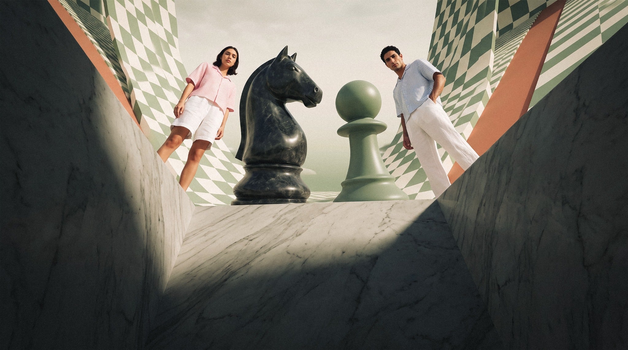Pawn Up models with oversized chess pieces